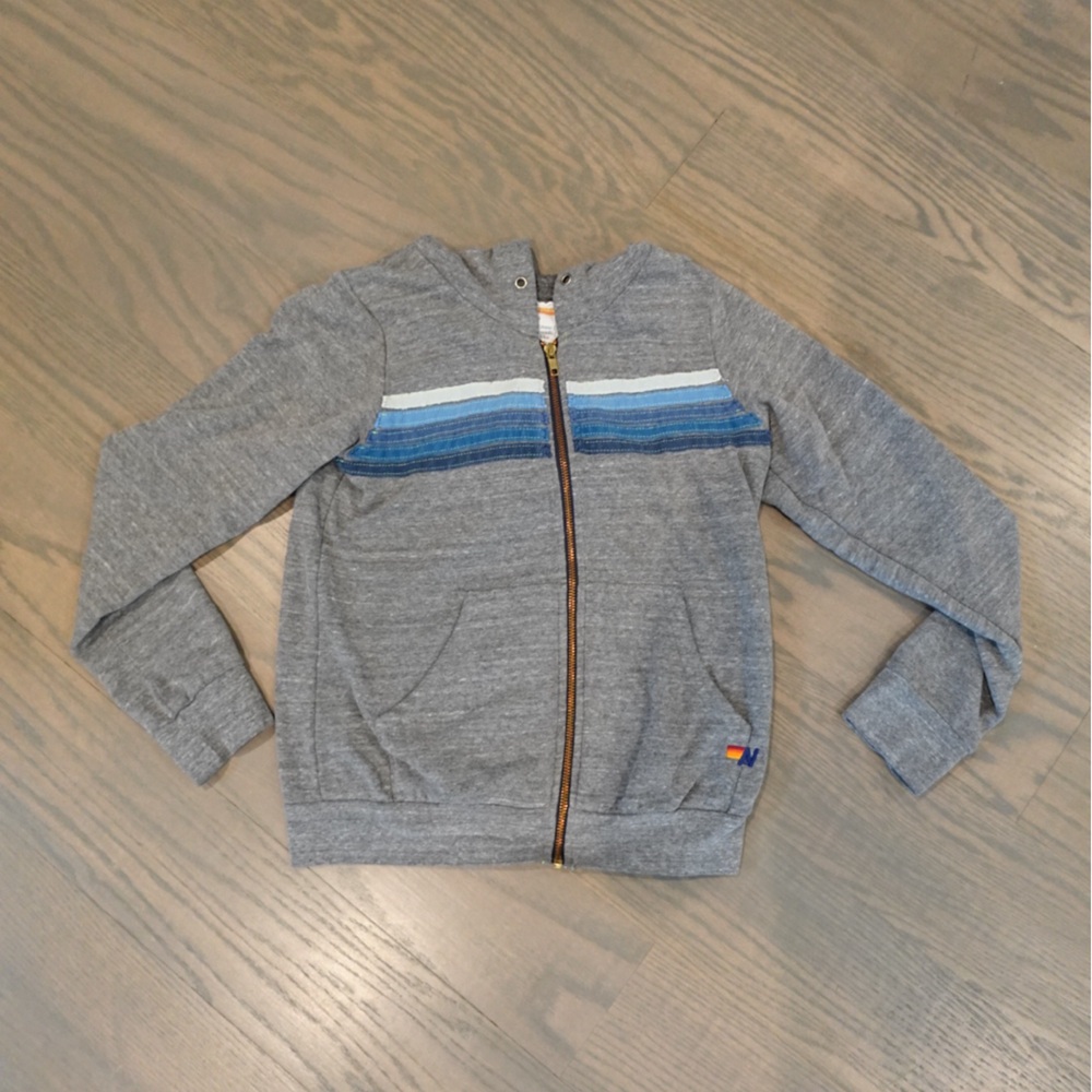 Aviator Nation Kids Gray Zip-Up Sweater with Blue Stripes